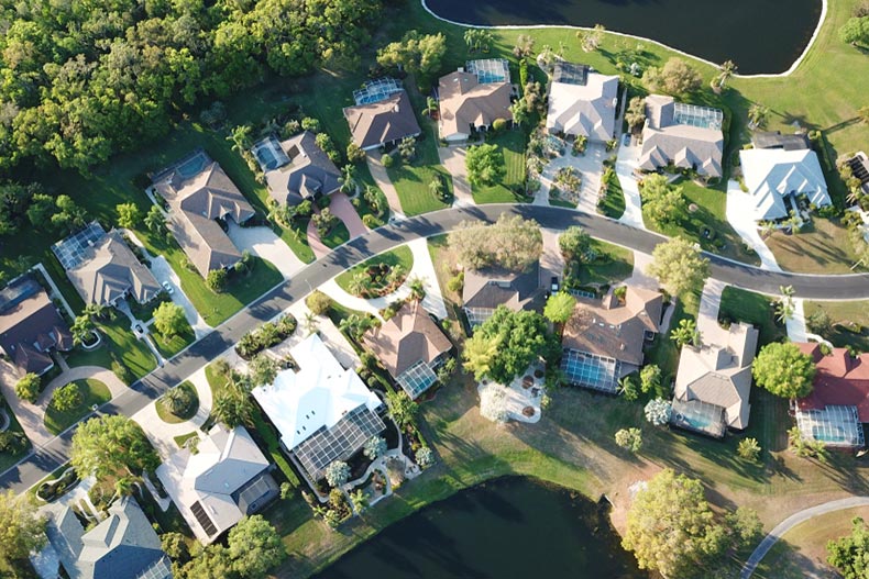 Aerial view of houses in a 55+ community