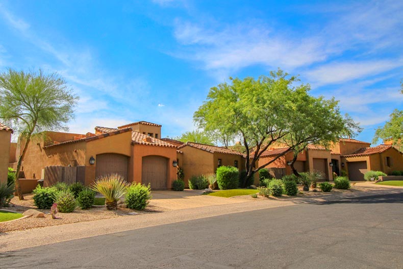 A residential street lined with southwest-style homes in Chandler, Arizona