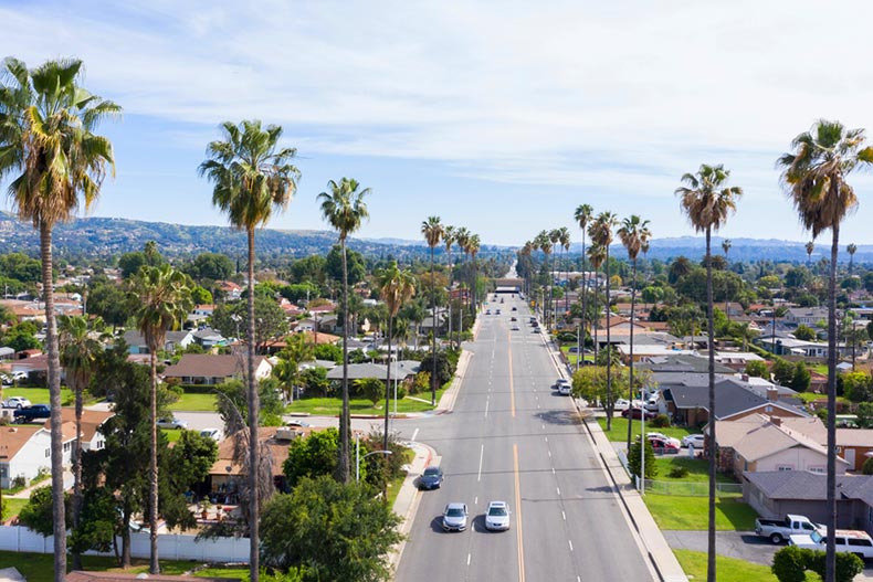 Daytime aerial view of the urban center of West Covina, California