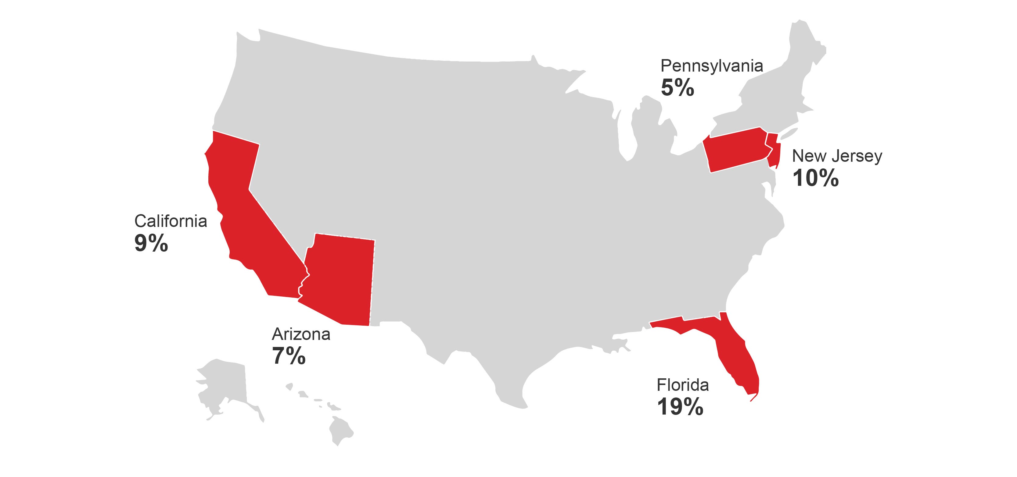 Map of U.S. with highlighted states that topped 55places national housing survey