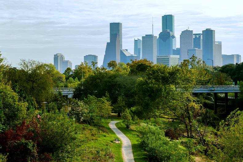 View of a park with the Houston, Texas skyline in the background