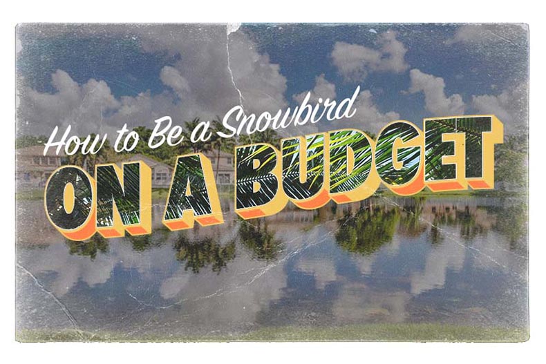 "How to Be a Snowbird on a Budget" over an image of a 55+ community stylized like a postcard