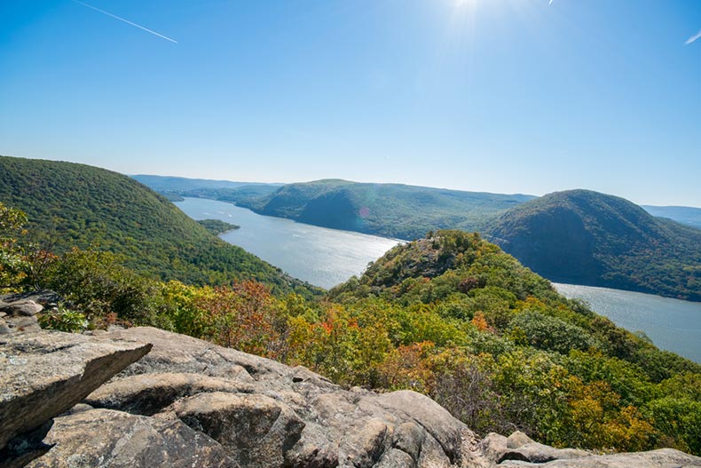 View of the Hudson River Valley with mountains in autumn near New York City