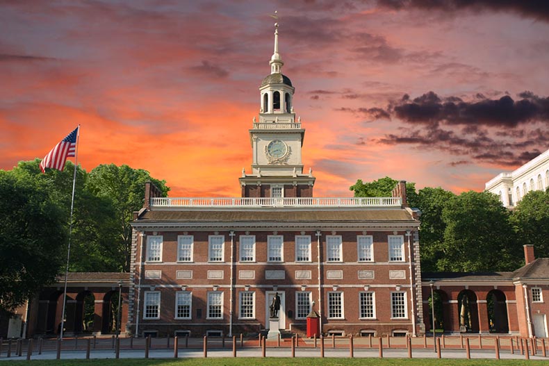 Sunset view of Independence Hall in Philadelphia, Pennsylvania