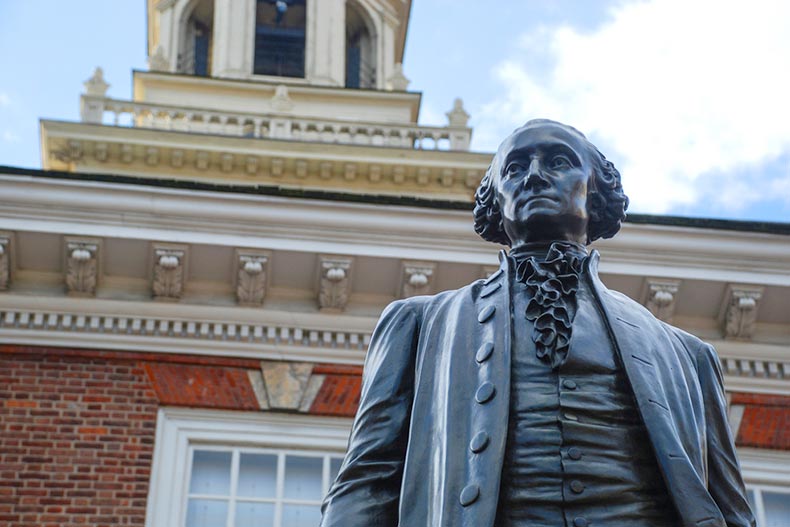 A statue outside Independence Hall in Philadelphia, Pennsylvania