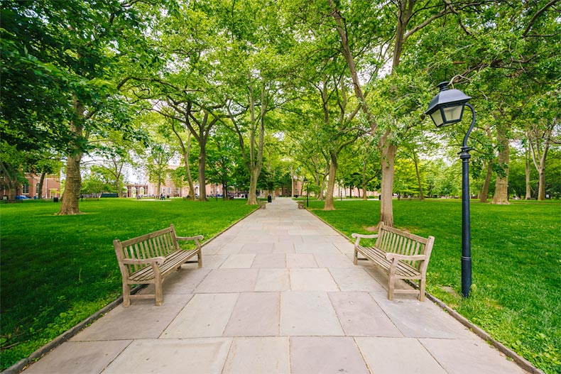 Benches along a walkway at Independence Mall in Philadelphia, Pennsylvania