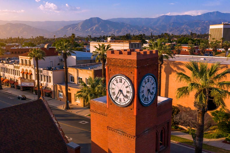 Sunset view of downtown Redlands, California