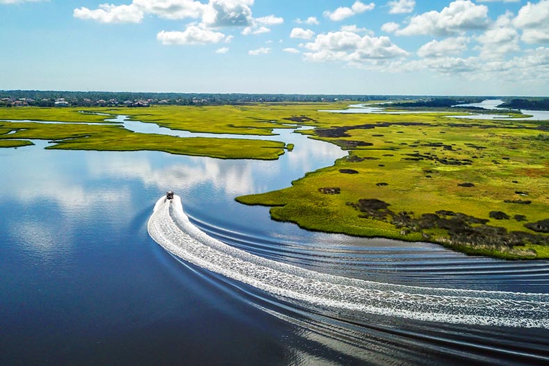 Aerial view of a boat on the Intracoastal Waterway in Jacksonville, Florida