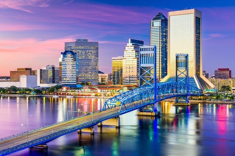 View of the downtown skyline in Jacksonville, Florida at dusk