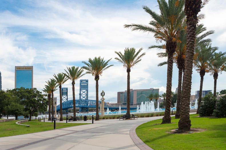 View of the Jacksonville skyline from across the St. John's River at Friendship Fountain Park in Florida