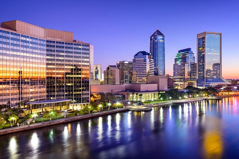 View of the city skyline along the St. Johns River at dawn in Jacksonville, Florida