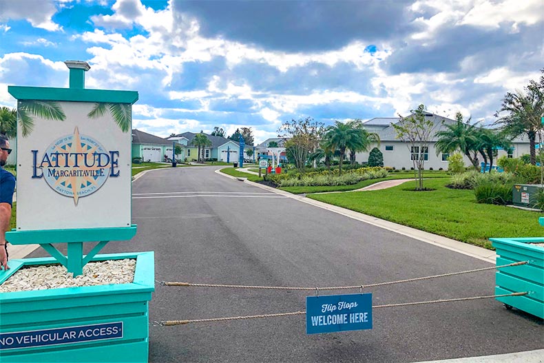 View down a residential street at Latitude Margaritaville in Daytona Beach, Florida