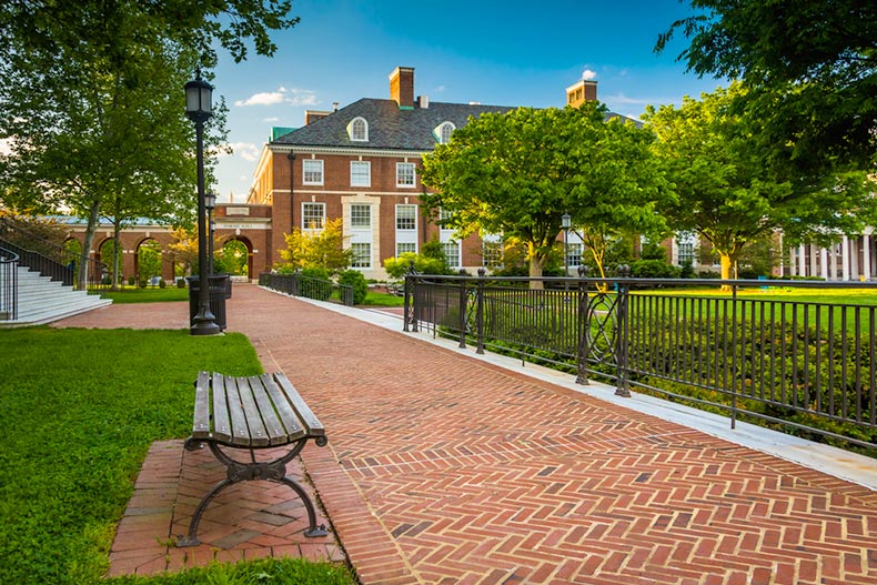 Walkway and buildings at John Hopkins University in Baltimore, Maryland
