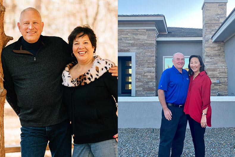 Side by side photos of Brian and Jasmine Jones (right) and Rick and Denise Johnson (left) who are residents of Trilogy at Wickenburg Ranch