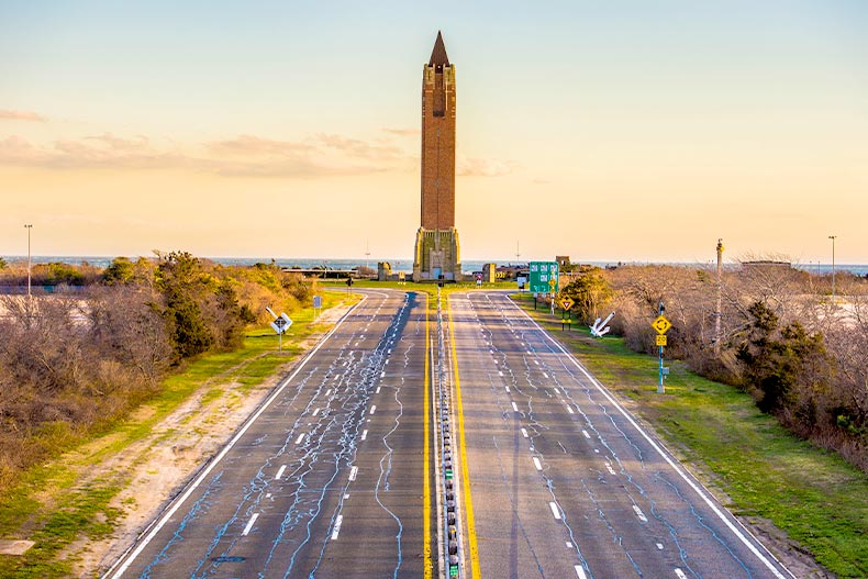 The Jones Beach water tower at the end of a road on Long Island, New York