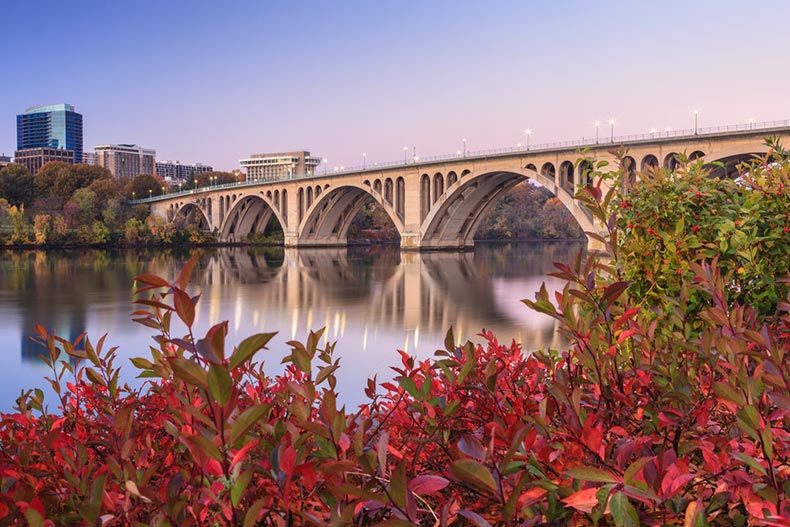Autumn view of Key Bridge over the Potomac River connecting Virginia to Washington, D.C.