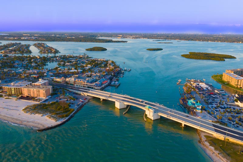 Aerial view of Johns Pass Village and Boardwalk at Madeira Beach, Florida.