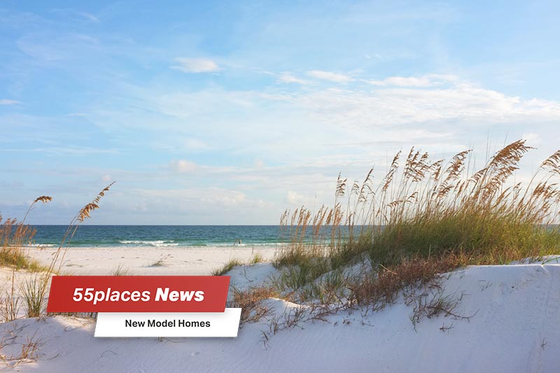 "55places News: New Model Homes" banner over sand dunes at a beach in Florida.