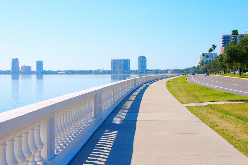 View down Bayshore Boulevard along Tampa Bay in Florida