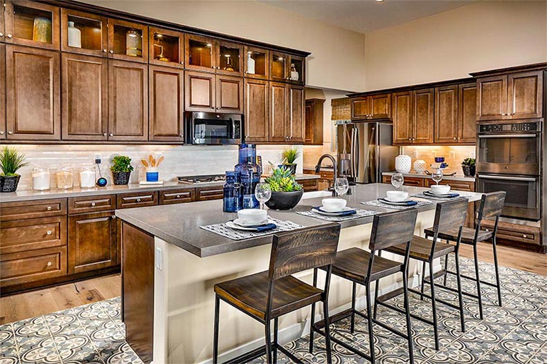 A kitchen in a model home in the Elan home collection at Altis in Beaumont, California