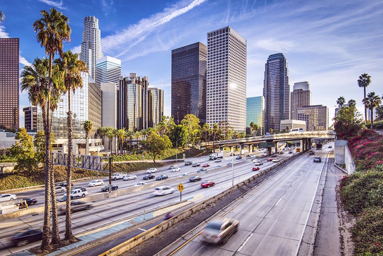 A busy highway running through Downtown Los Angeles, California