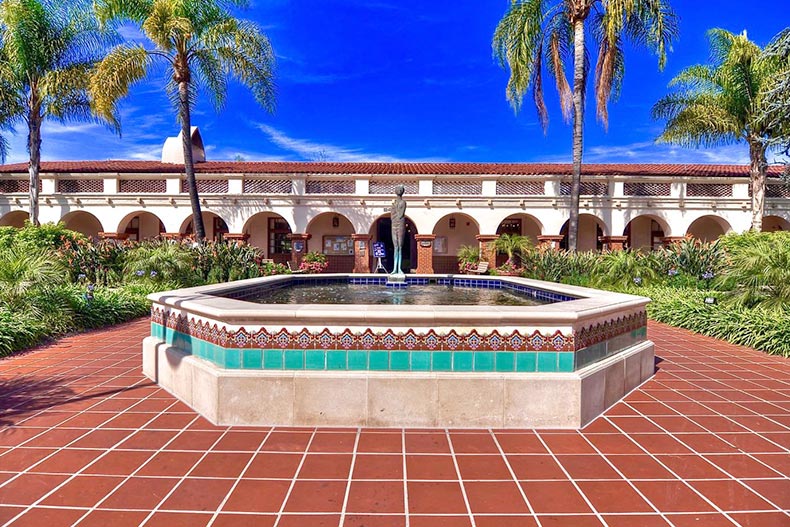 A fountain surrounded by palm trees at Laguna Woods Village in Laguna Woods, California