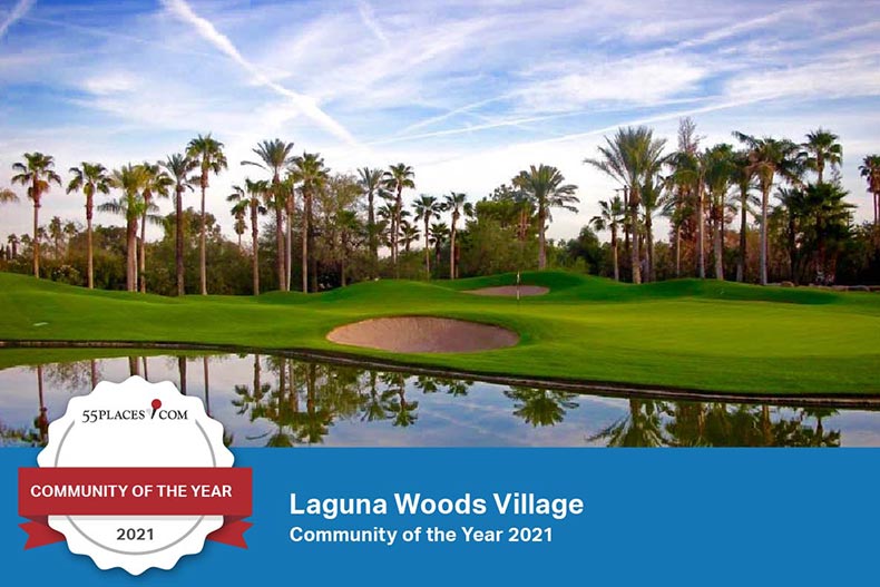 "Community of the Year 2021" badge over the golf course at Laguna Woods Village in California