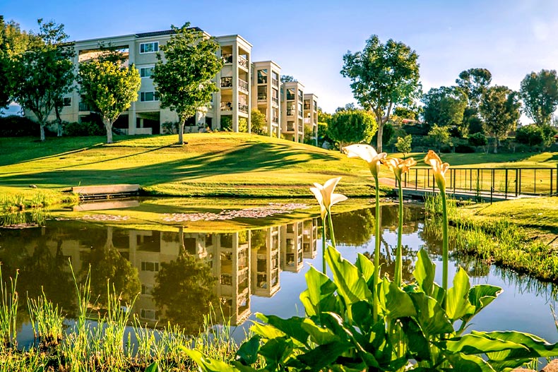 A Laguna Woods Village condo building reflecting in a pond by several trees and lilies in Laguna Woods, California