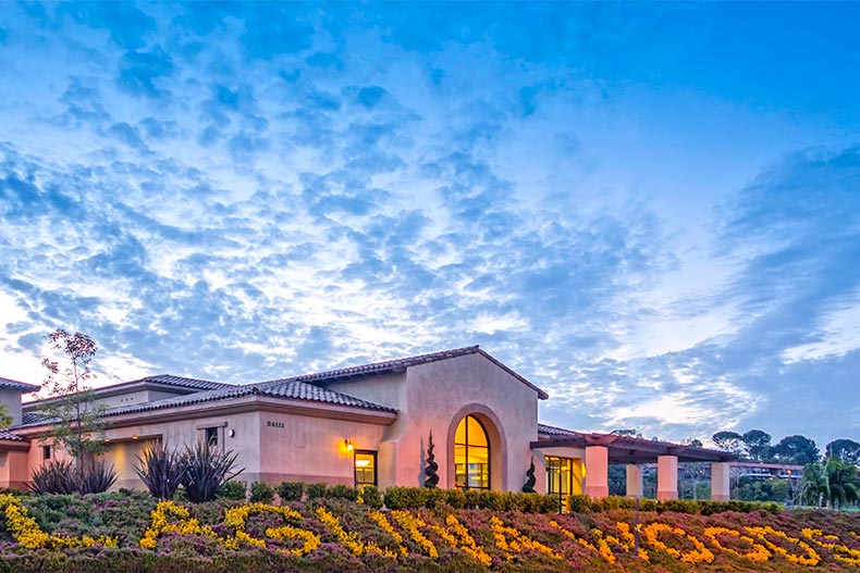 A sunset over a community building at Laguna Woods Village in Laguna Woods, California