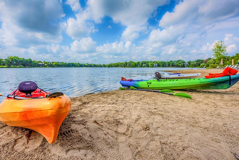 Kayaks beside a lake at Lake Barrington Shores in Barrington, Illinois