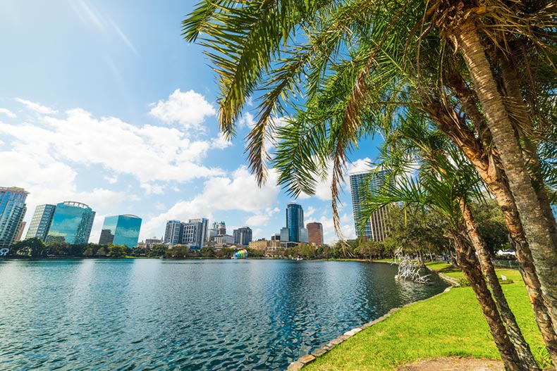 Palm trees and skyscrapers around Lake Eola park in Orlando, Florida