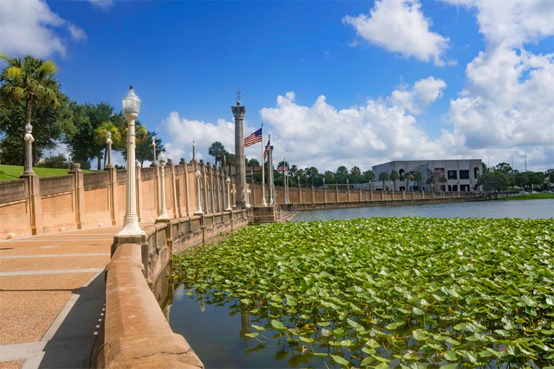 A pathway around Lake Mirror in Lakeland, Florida