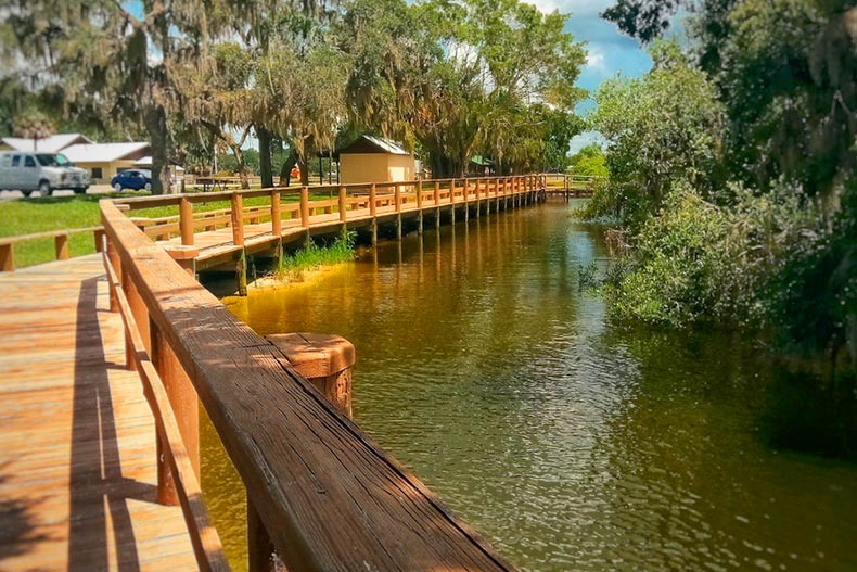 A walkway along Lake June at Park in Lake Placid, Florida