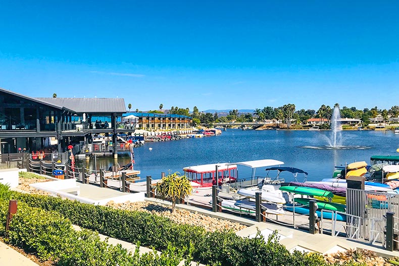 Boats at the dock at Lake San Marcos in San Marcos, California