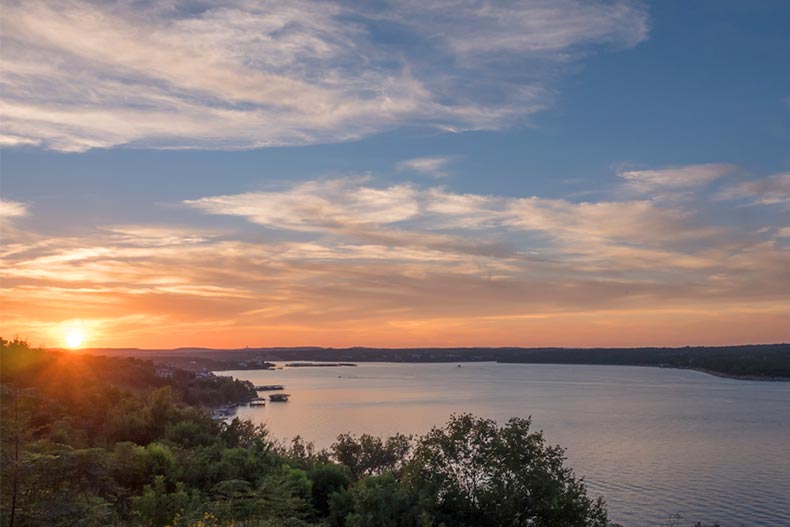 Sunset view of Lake Travis in Texas