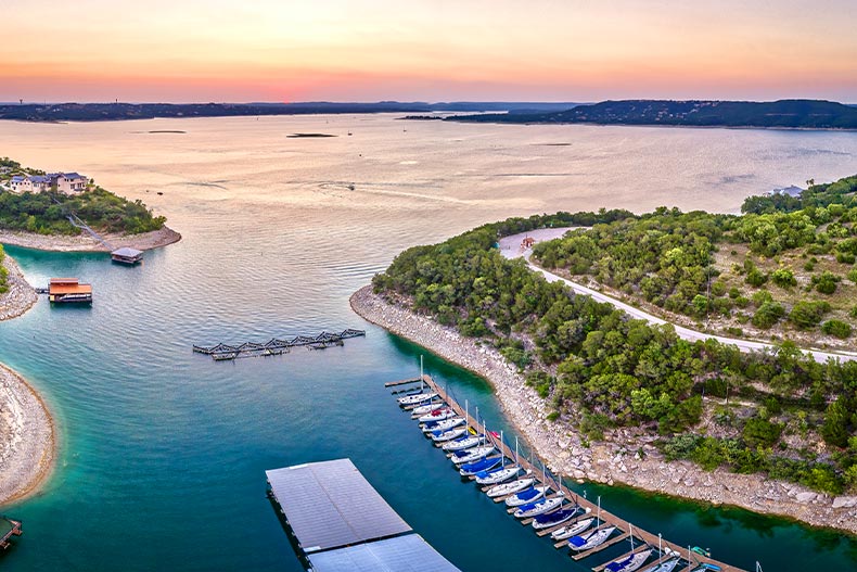 Aerial photo of a marina on Lake Travis in Texas