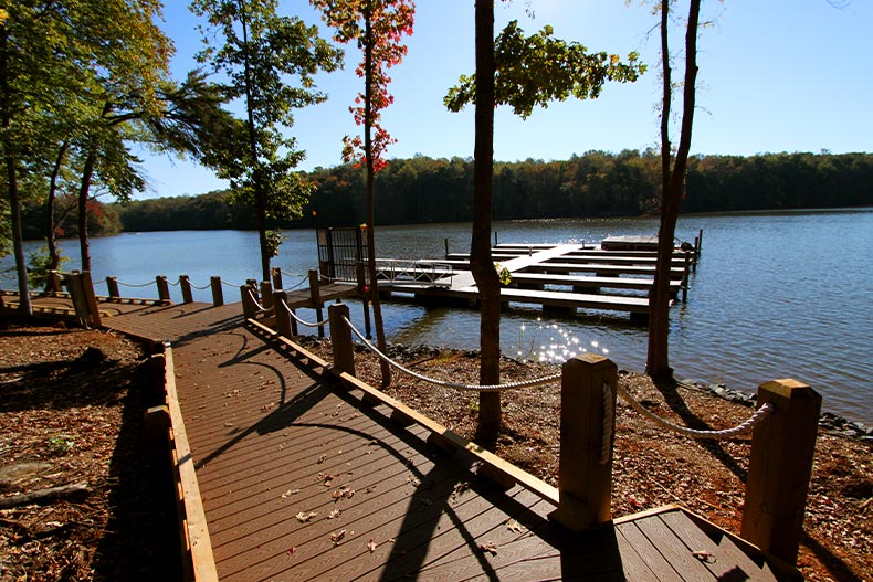 A wooden pathway leading to docks on Lake Wylie, located in Charlotte, North Carolina
