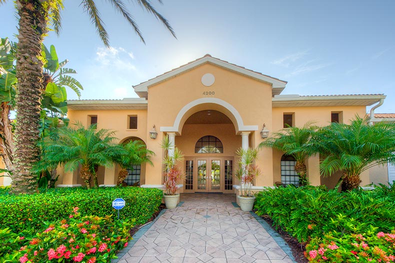 Greenery surrounding the clubhouse at LakeRidge Falls in Sarasota, Florida