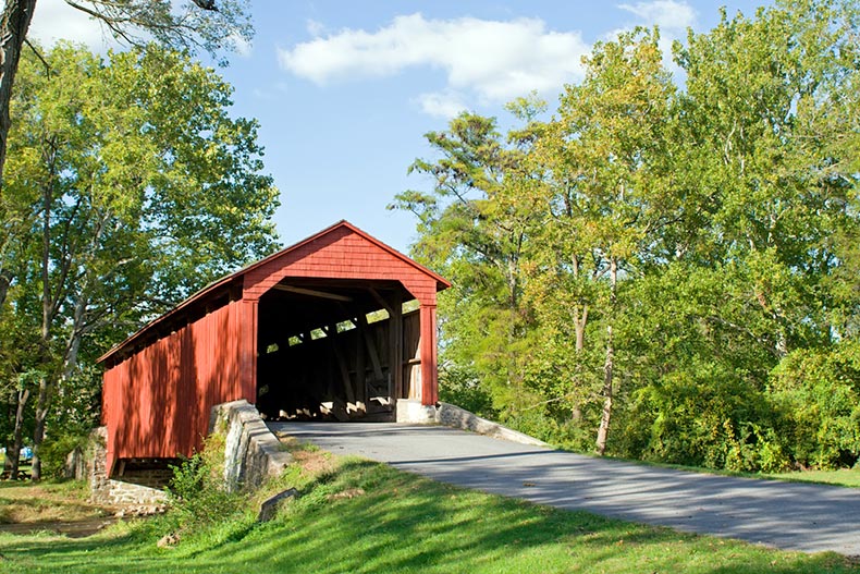 A red covered bridge in Lancaster County, Pennsylvania