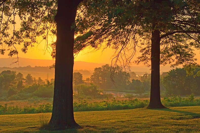 A beautiful foggy springtime sunrise in Lancaster County, Pennsylvania