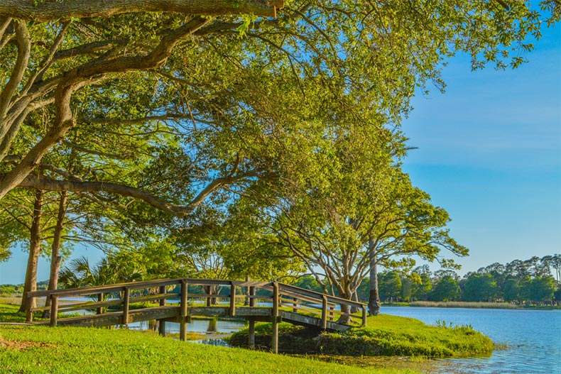 A wood bridge to an island at John S. Taylor Park in Largo, Florida
