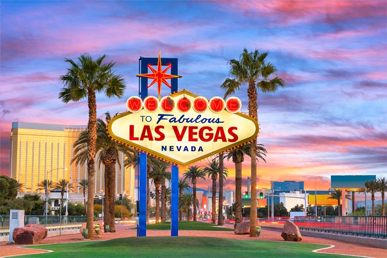 "Welcome to Las Vegas" sign at dusk in Las Vegas, Nevada