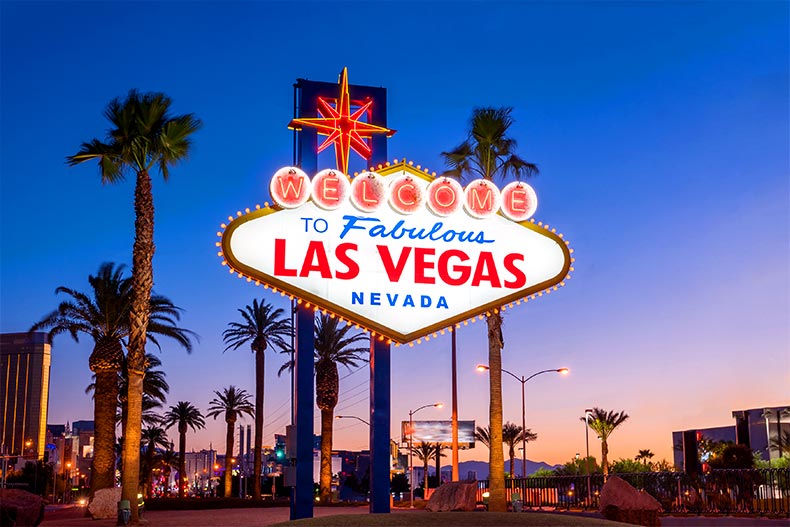 The iconic "Welcome to Las Vegas" sign in Las Vegas, Nevada at sunset