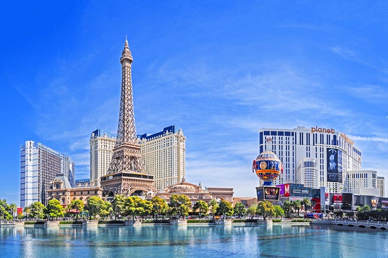 Panoramic view of the Las Vegas Strip from across the water