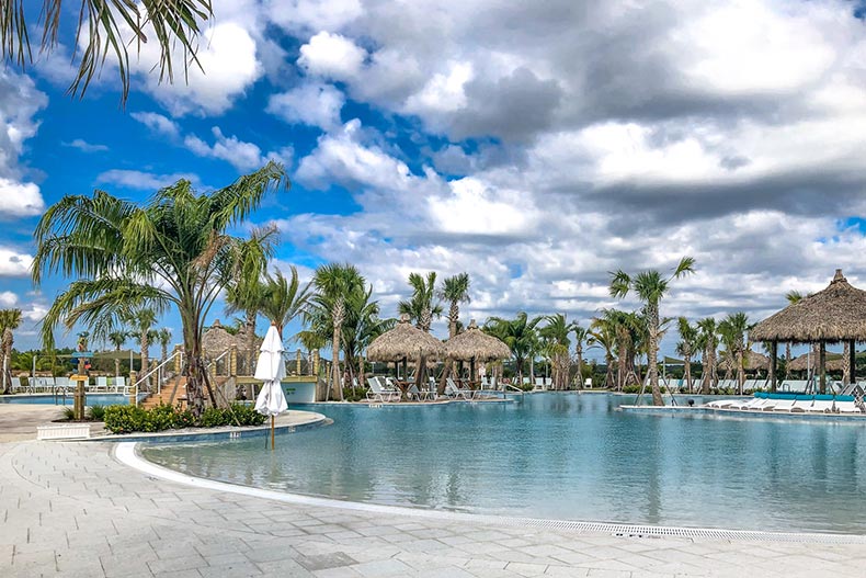 Palm trees surrounding the resort-style outdoor pool at Latitude Margaritaville in Daytona Beach, Florida