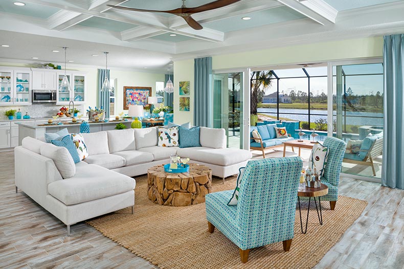 Interior view of a model home with an indoor pool at Latitude Margaritaville in Daytona Beach, Florida
