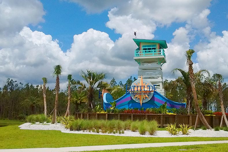 The community sign for Latitude Margaritaville in Daytona Beach, Florida