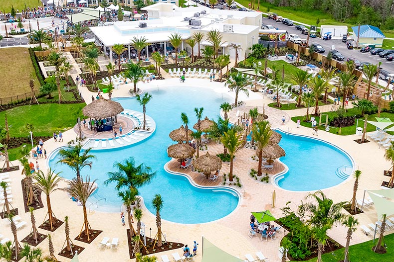 Aerial view of an outdoor resort-style pool at Latitude Margaritaville in Daytona Beach, Florida