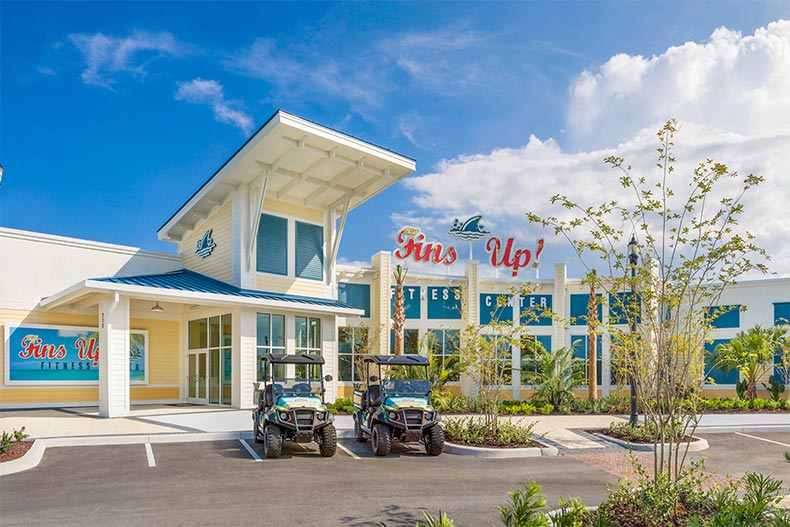 Exterior view of the "Fins Up!" fitness center at Latitude Margaritaville in Daytona Beach, Florida
