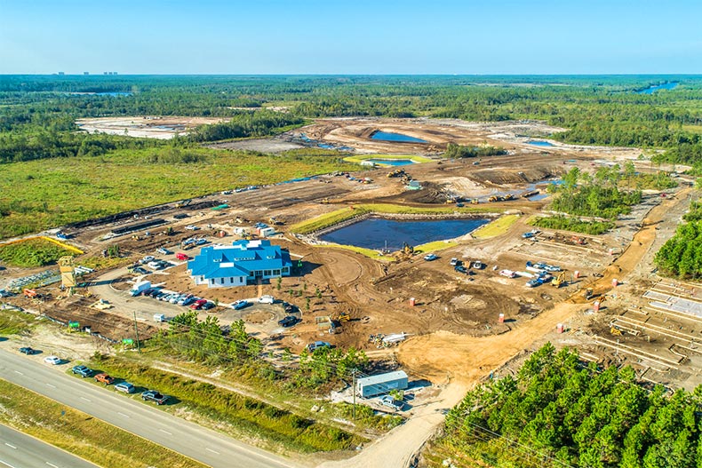 Aerial view of the construction site for Latitude Margaritaville Watersound in Watersound, Florida